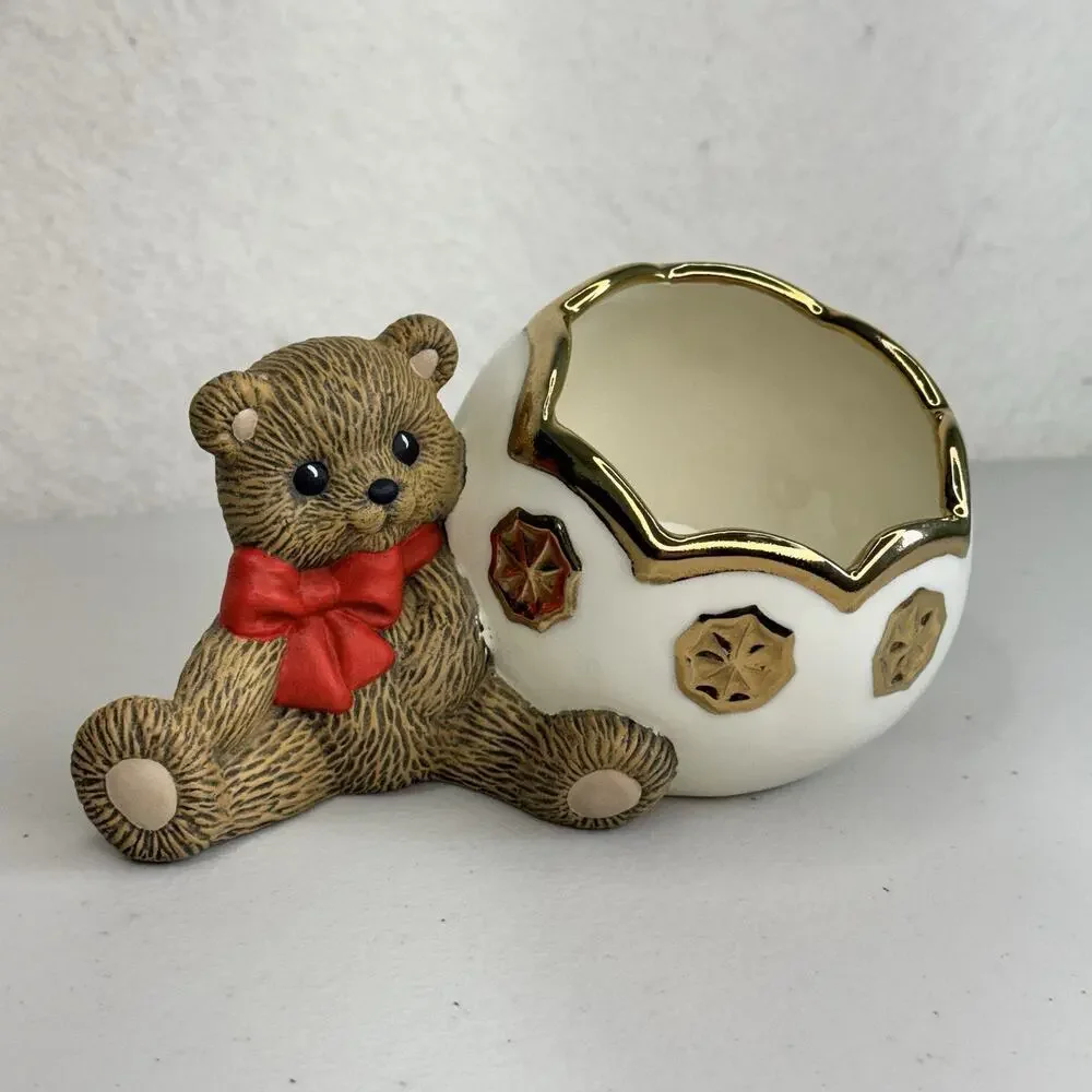 Hand Painted Holiday Christmas Teddy Bear Candy Ornament Plant Pot VTG Ceramic